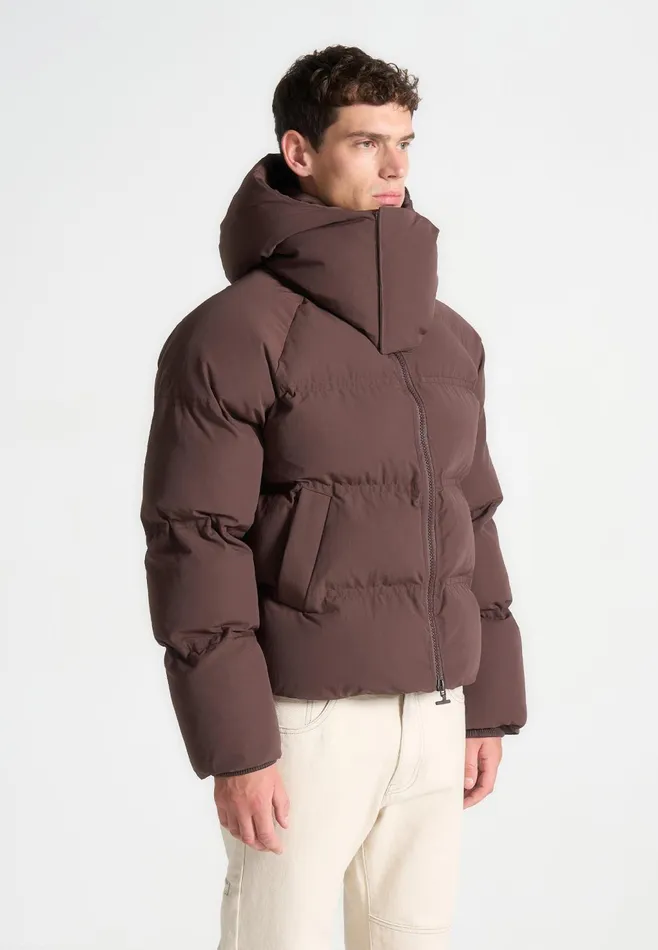 Men Manire De Voir Cropped Raglan Wrap Neck Puffer Jacket Brown
