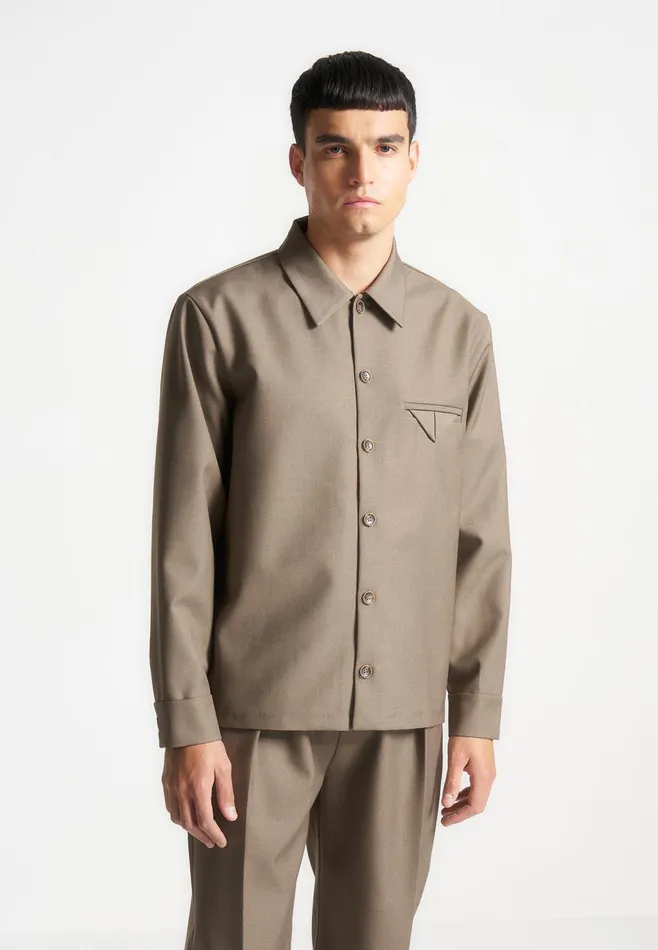 Men Manire De Voir Hatched Tailored Long Sleeve Overshirt Khaki