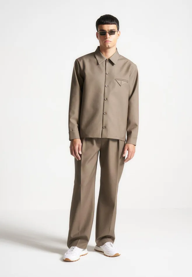 Men Manire De Voir Hatched Tailored Long Sleeve Overshirt Khaki