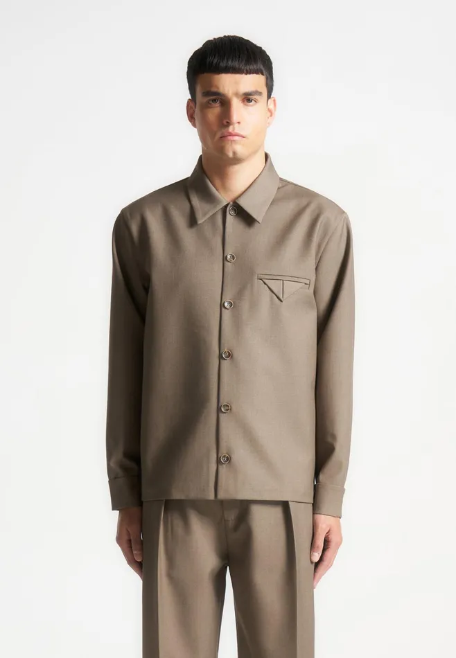 Men Manire De Voir Hatched Tailored Long Sleeve Overshirt Khaki