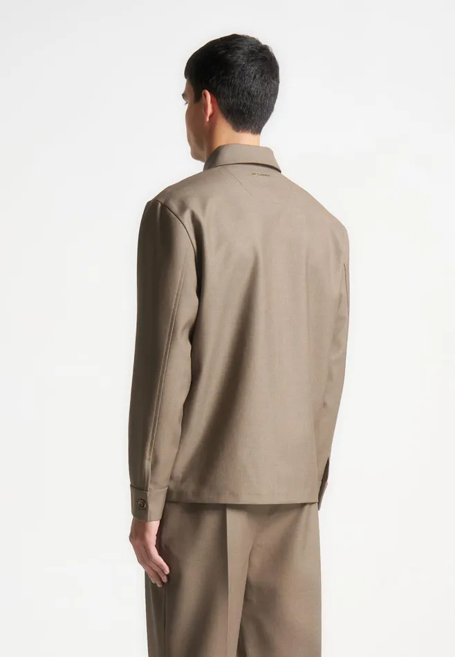 Men Manire De Voir Hatched Tailored Long Sleeve Overshirt Khaki
