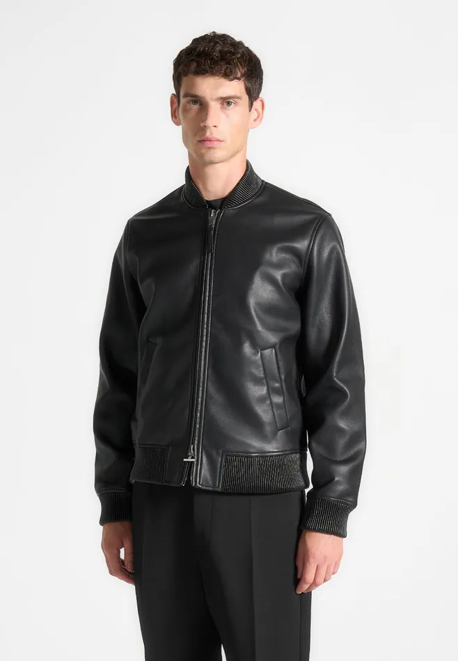 Men Manire De Voir Leather Bomber Jacket Black