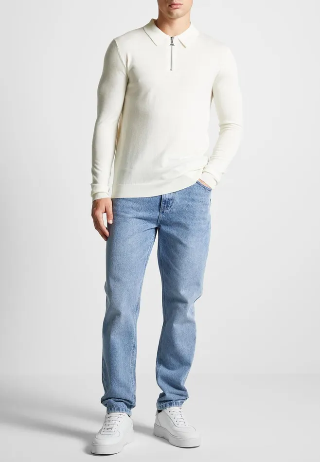 Men Manire De Voir Merino Wool Long Sleeve Polo Top With Zip Off White