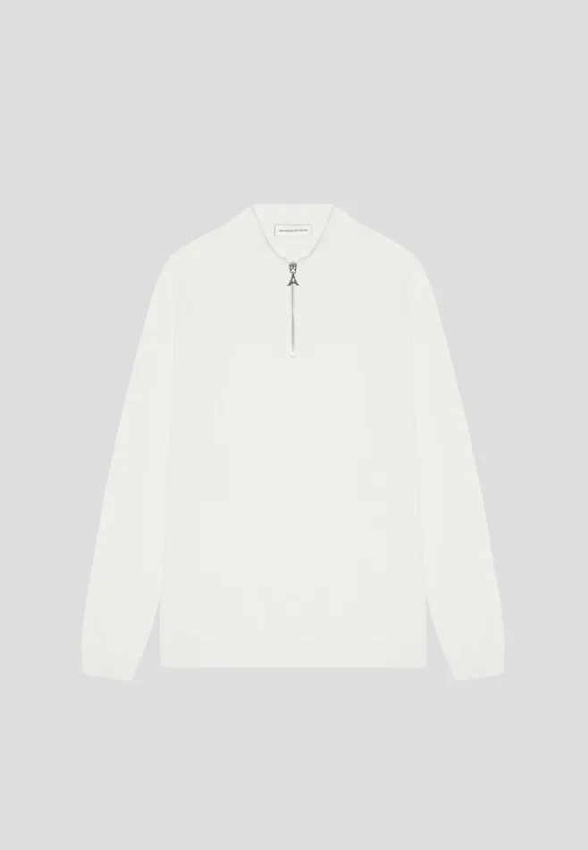 Men Manire De Voir Merino Wool Long Sleeve Polo Top With Zip Off White