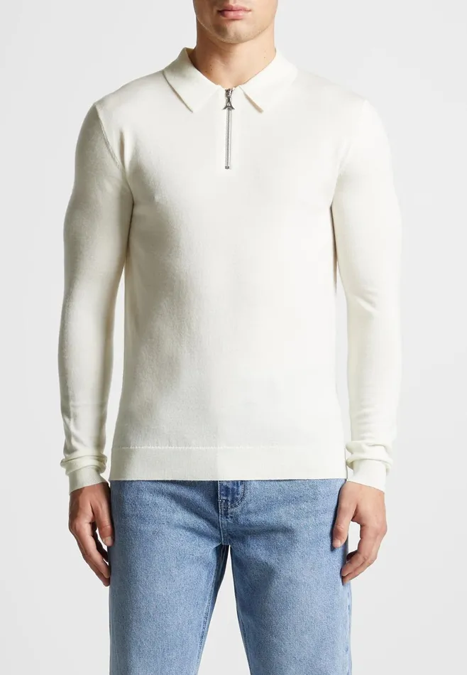 Men Manire De Voir Merino Wool Long Sleeve Polo Top With Zip Off White