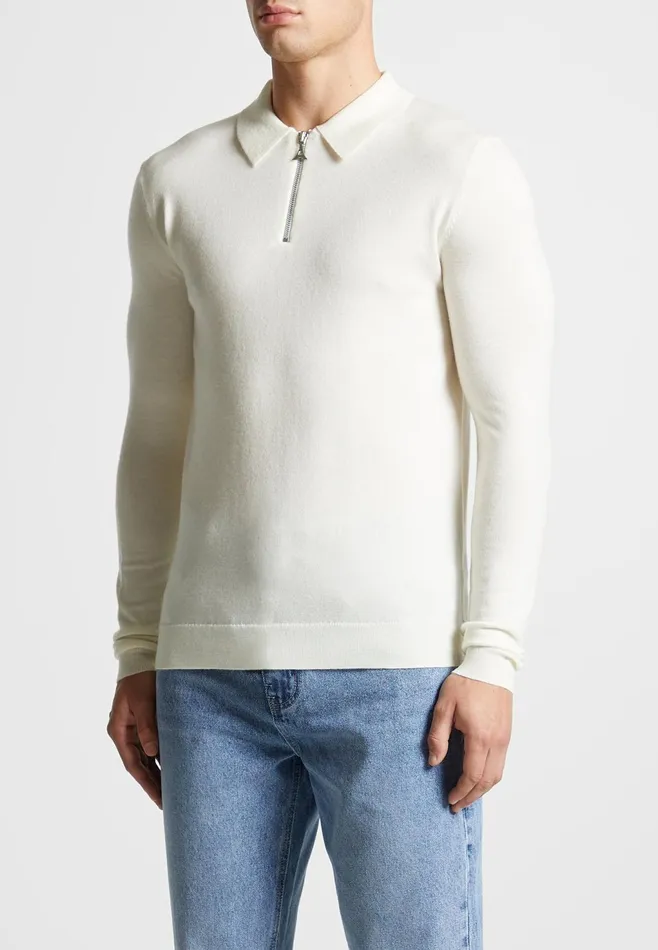 Men Manire De Voir Merino Wool Long Sleeve Polo Top With Zip Off White