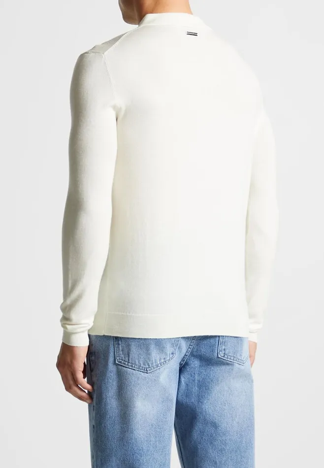 Men Manire De Voir Merino Wool Long Sleeve Polo Top With Zip Off White