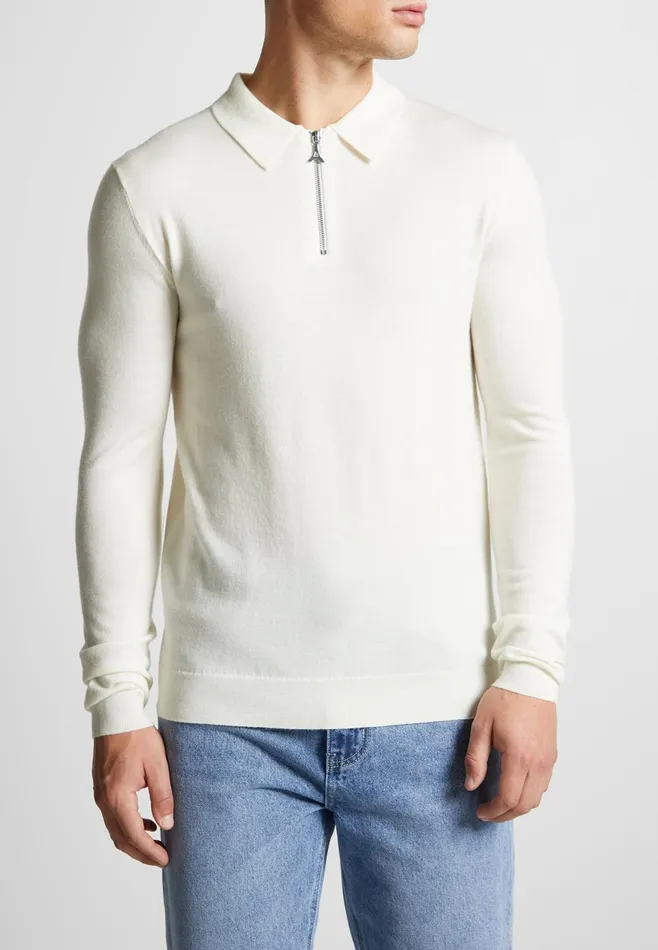 Men Manire De Voir Merino Wool Long Sleeve Polo Top With Zip Off White