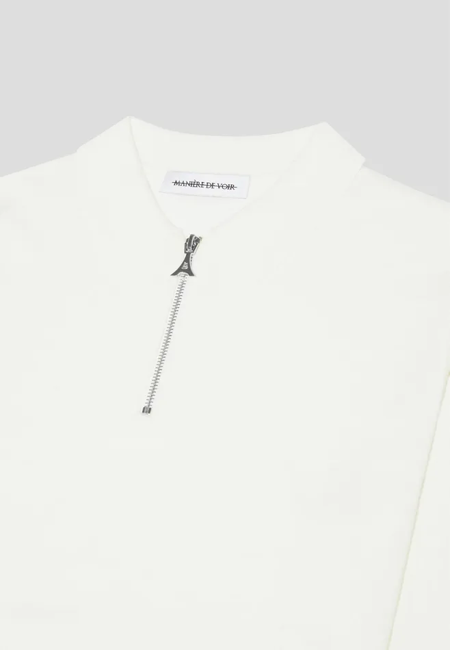 Men Manire De Voir Merino Wool Long Sleeve Polo Top With Zip Off White
