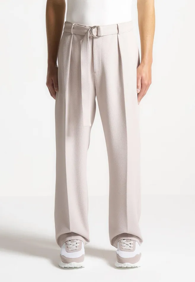 Men Manire De Voir Relaxed Fit Textured Belted Tailored Trousers Stone