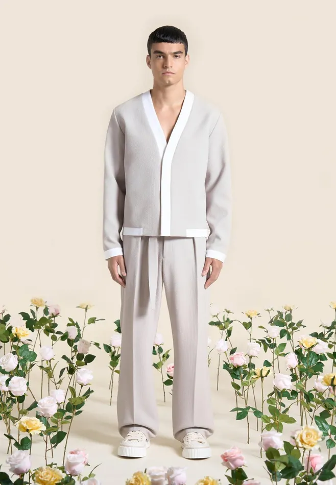 Men Manire De Voir Relaxed Fit Textured Belted Tailored Trousers Stone