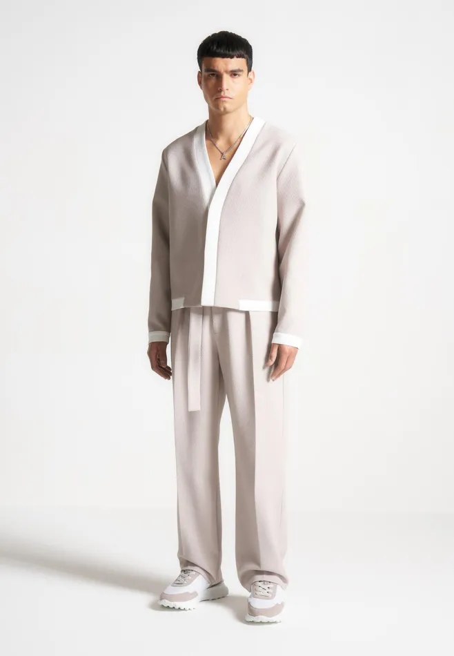 Men Manire De Voir Relaxed Fit Textured Belted Tailored Trousers Stone
