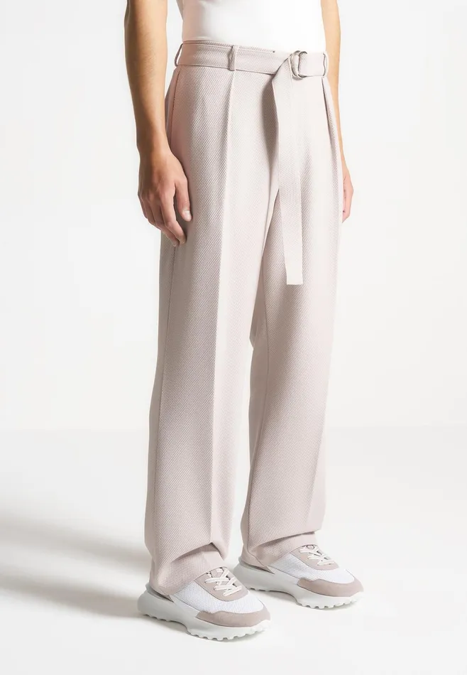 Men Manire De Voir Relaxed Fit Textured Belted Tailored Trousers Stone