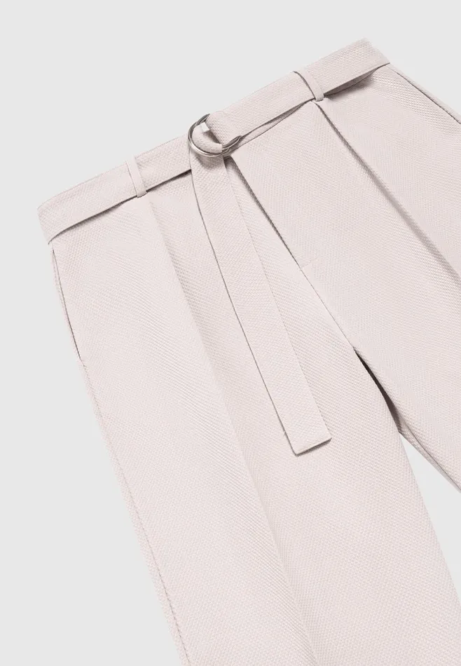 Men Manire De Voir Relaxed Fit Textured Belted Tailored Trousers Stone