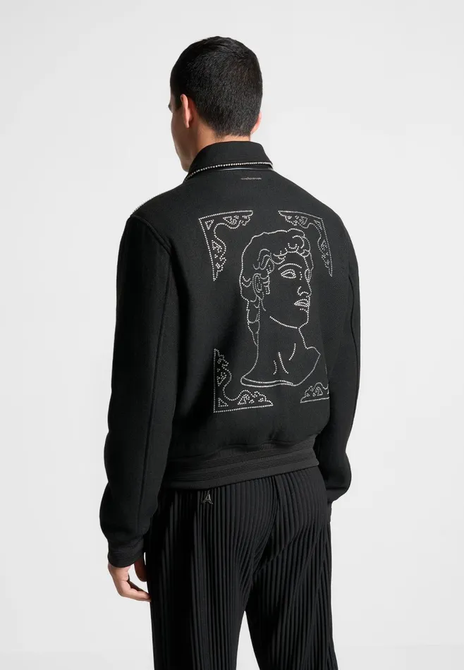 Men Manire De Voir Rhinestone Wool Blend Varsity Jacket Black