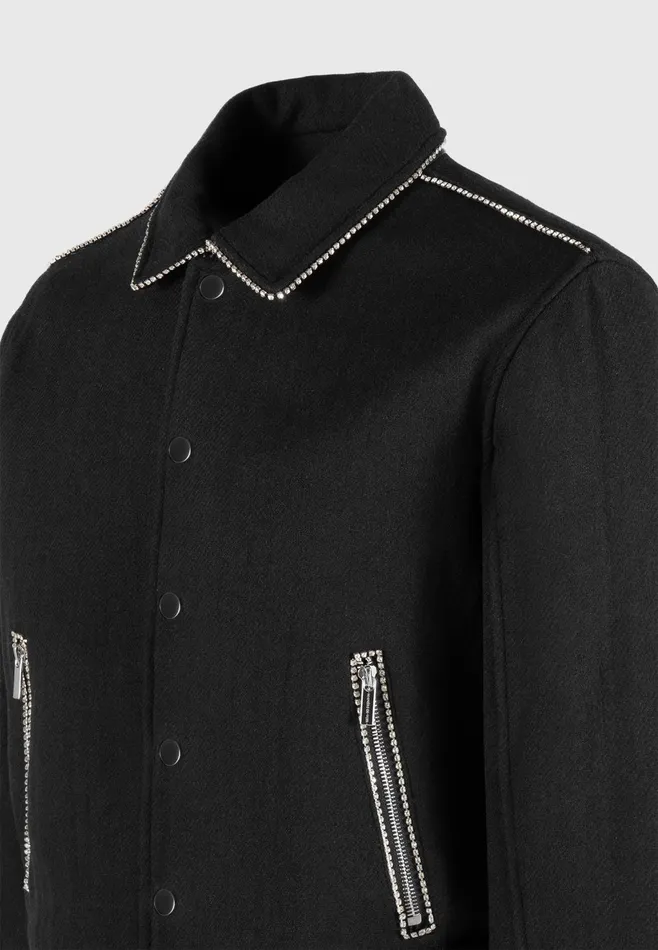 Men Manire De Voir Rhinestone Wool Blend Varsity Jacket Black