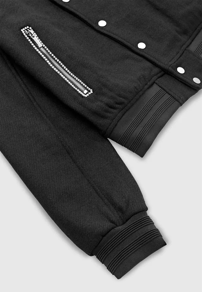 Men Manire De Voir Rhinestone Wool Blend Varsity Jacket Black