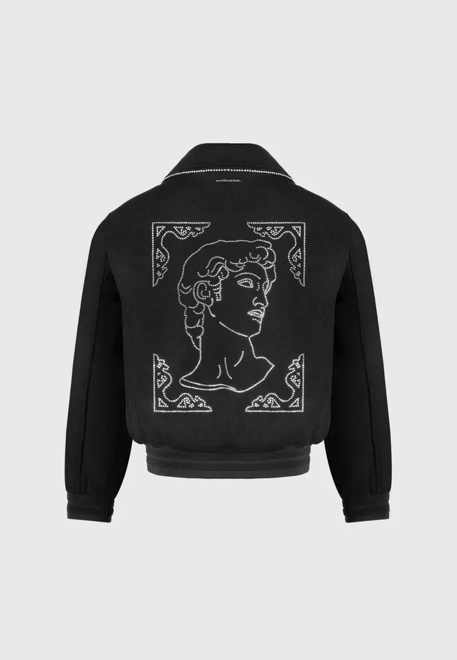Men Manire De Voir Rhinestone Wool Blend Varsity Jacket Black