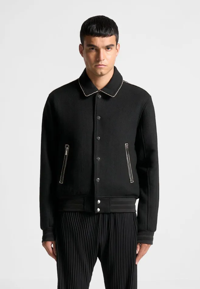 Men Manire De Voir Rhinestone Wool Blend Varsity Jacket Black