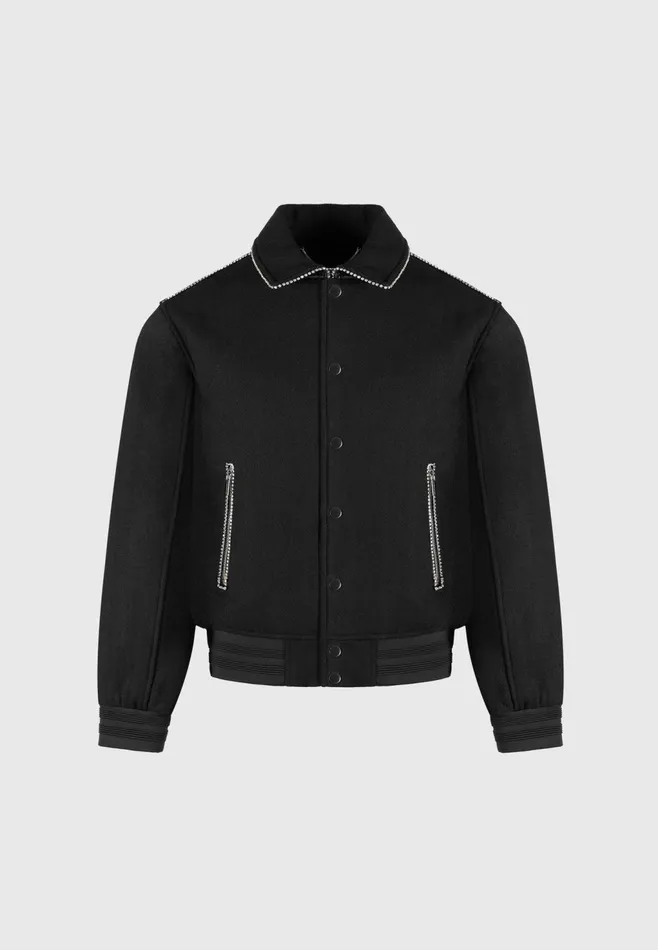 Men Manire De Voir Rhinestone Wool Blend Varsity Jacket Black