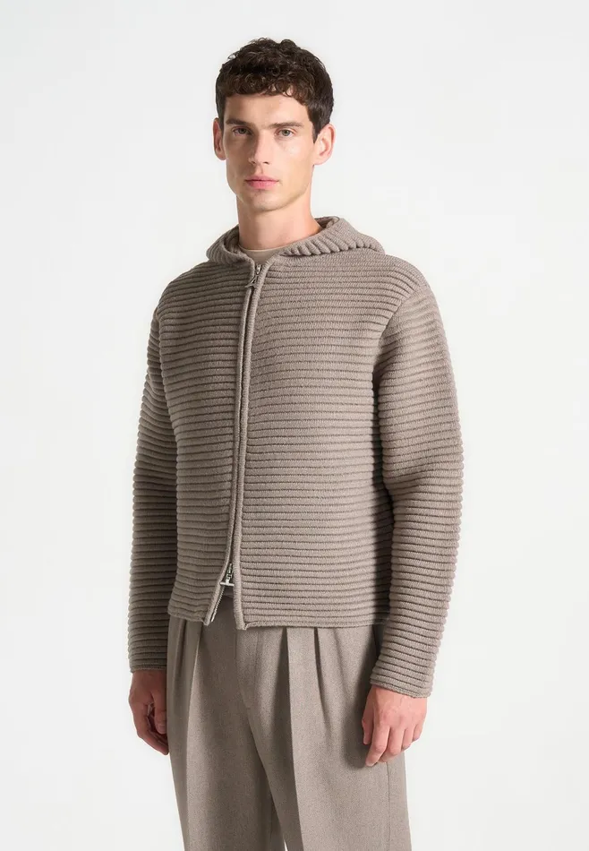 Men Manire De Voir Ribbed Knit Zip Up Hoodie Taupe