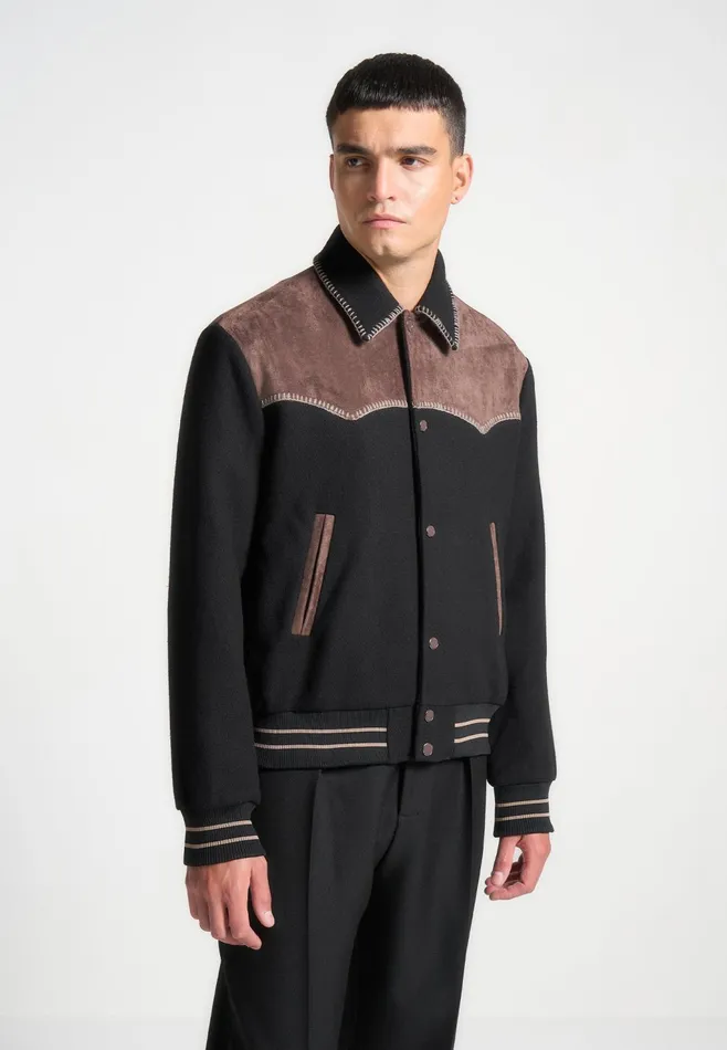 Men Manire De Voir Suede And Wool Whipstitch Varsity Jacket Blackbrown