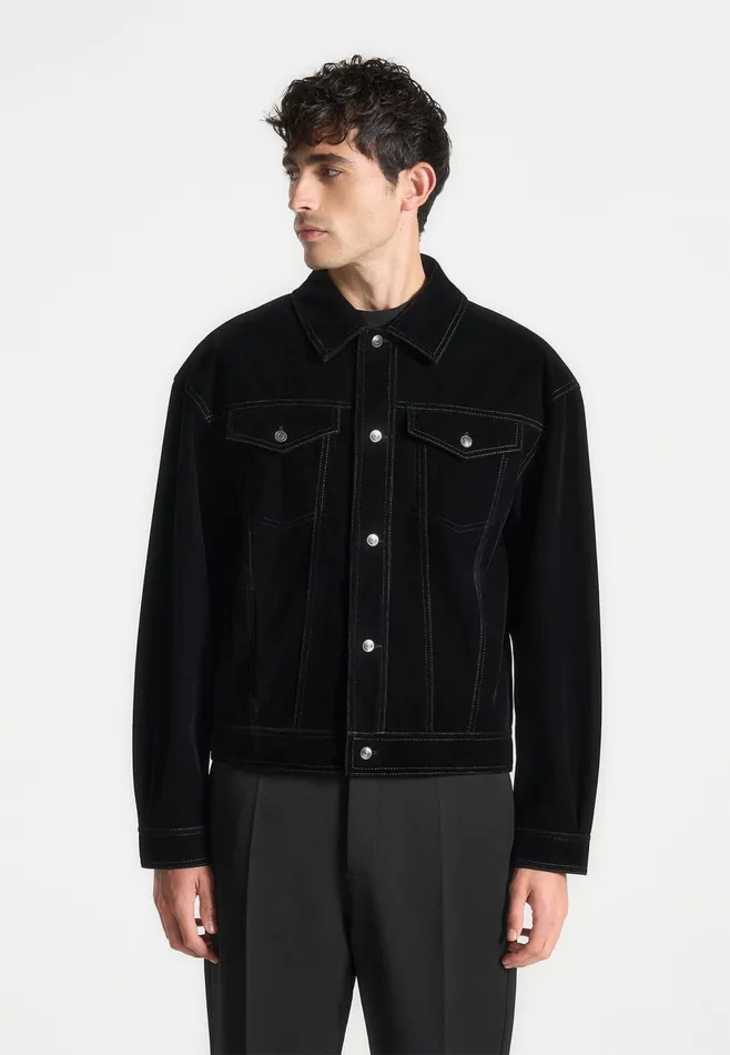 Men Manire De Voir Velvet Contrast Stitch Trucker Jacket Black
