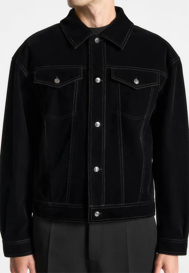 Men Manire De Voir Velvet Contrast Stitch Trucker Jacket Black