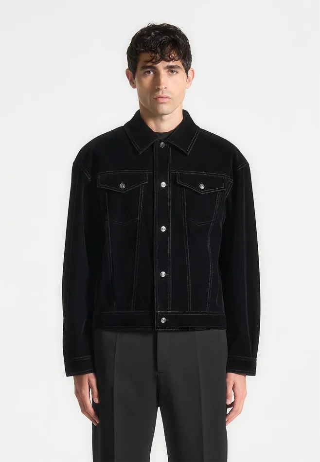 Men Manire De Voir Velvet Contrast Stitch Trucker Jacket Black