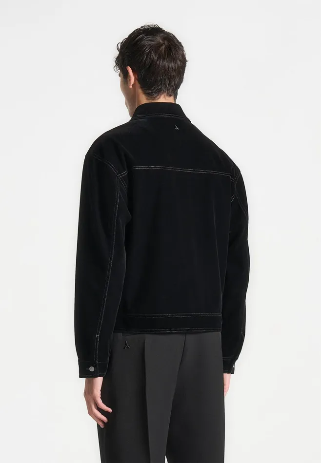 Men Manire De Voir Velvet Contrast Stitch Trucker Jacket Black