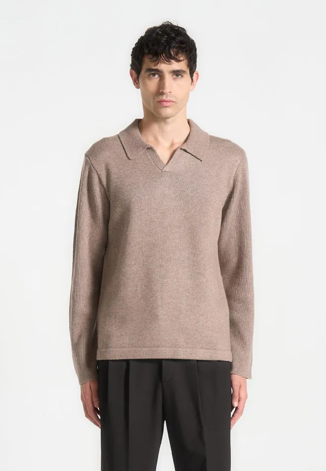 Men Manire De Voir Wool Revere Long Sleeve Polo Top Taupe