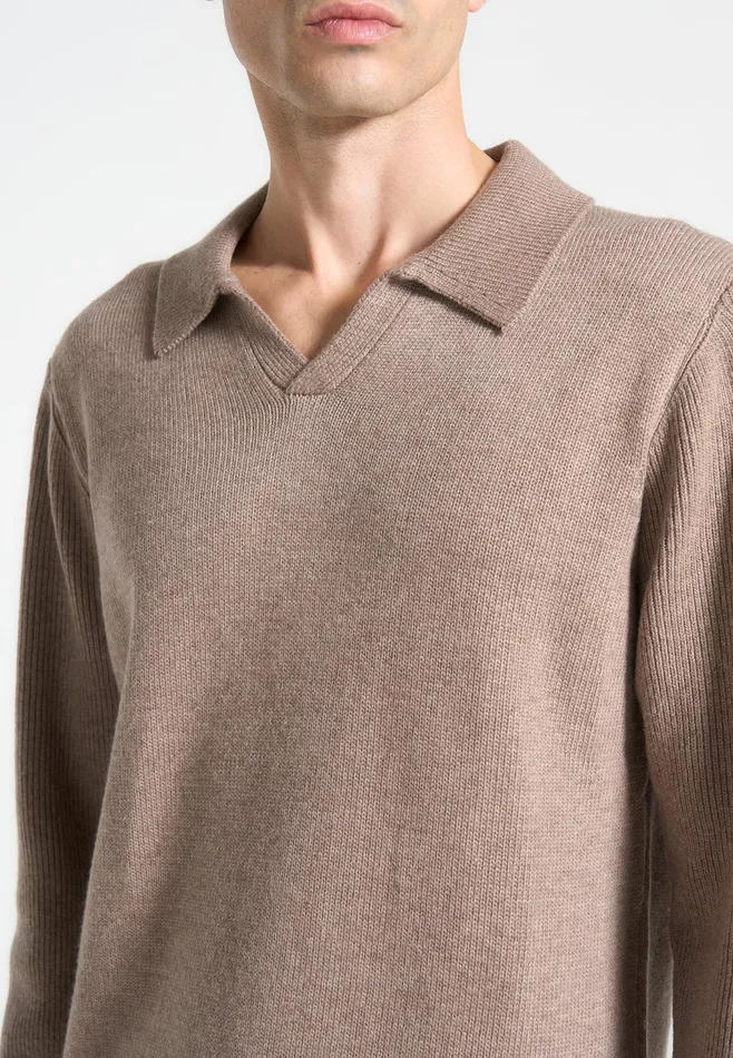 Men Manire De Voir Wool Revere Long Sleeve Polo Top Taupe