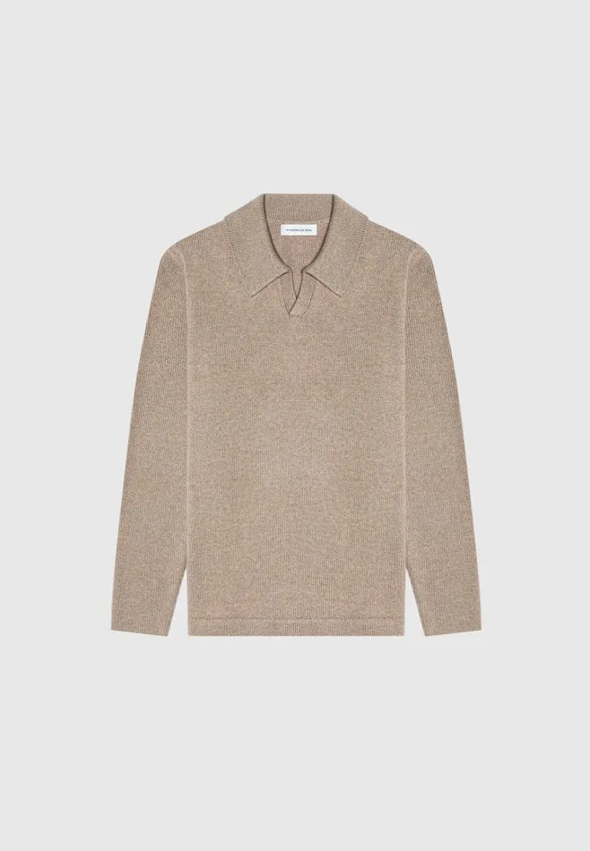 Men Manire De Voir Wool Revere Long Sleeve Polo Top Taupe