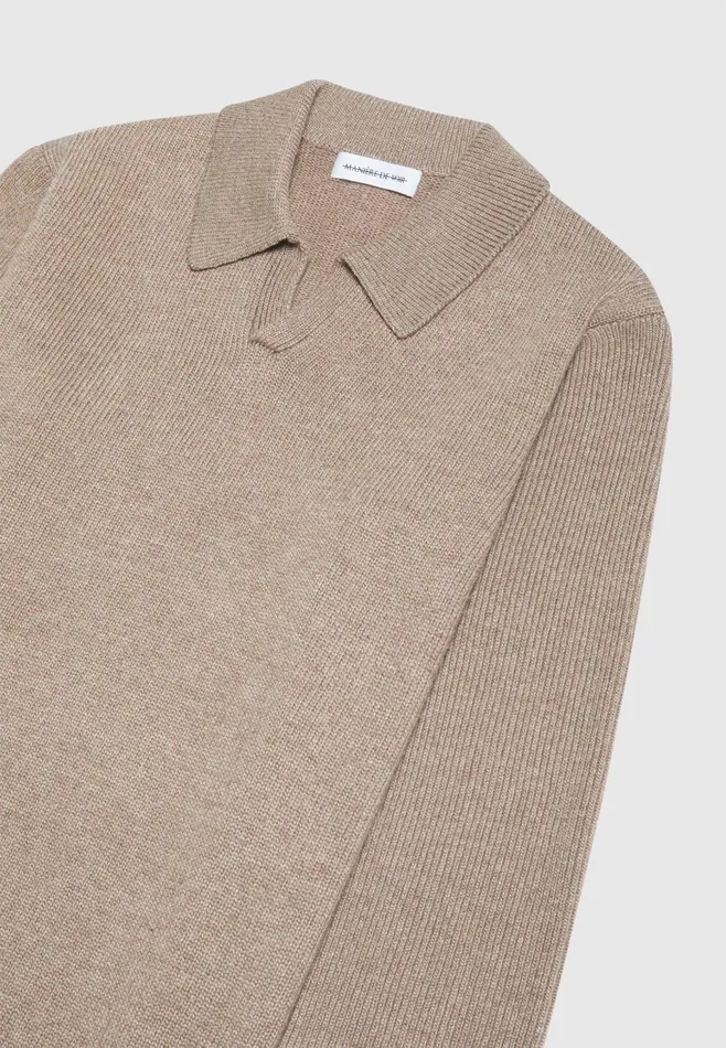 Men Manire De Voir Wool Revere Long Sleeve Polo Top Taupe