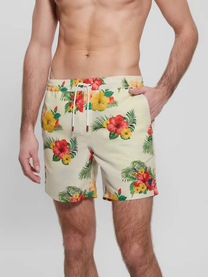 Men Medium Hawaii Swim Trunks Hawaii Ibiscus White Pants and Shorts GUESS