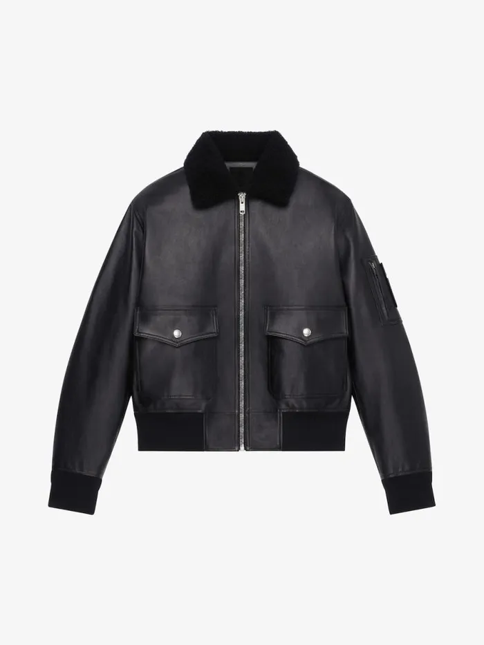 Men Outerwear and Blousons Givenchy Aviator Jacket In Leather And Shearling With Pocket Black