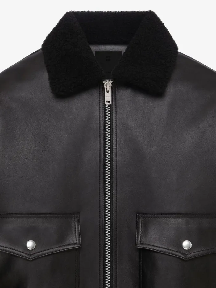 Men Outerwear and Blousons Givenchy Aviator Jacket In Leather And Shearling With Pocket Black