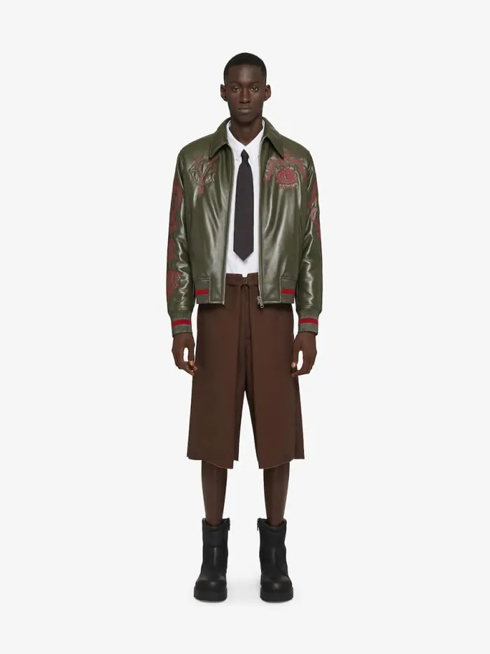 Men Outerwear and Blousons Givenchy GIVENCHY Crest Bomber Jacket In Embroidered Leather Olive Green Men Outerwear and Blousons Givenchy GIVENCHY Crest Bomber Jacket In Embroidered Leather Olive Green