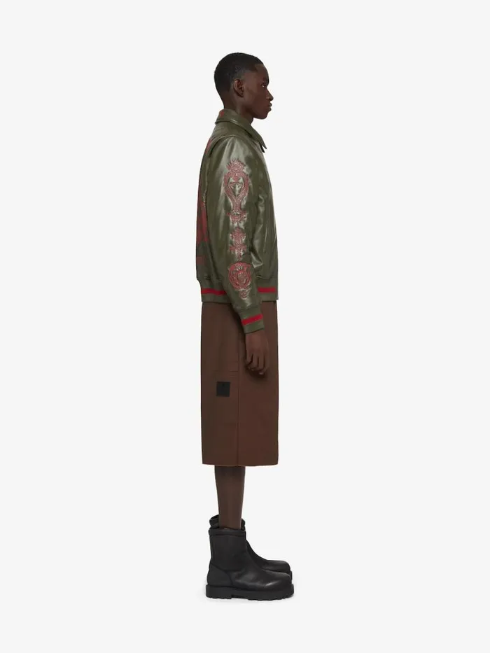 Men Outerwear and Blousons Givenchy GIVENCHY Crest Bomber Jacket In Embroidered Leather Olive Green