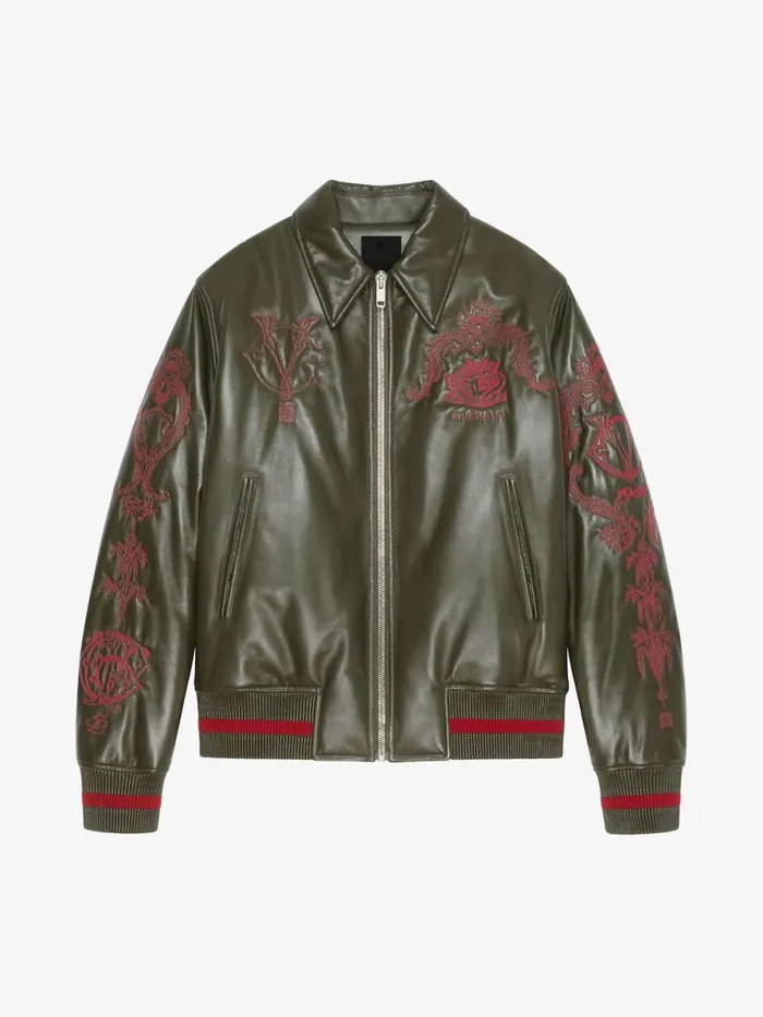 Men Outerwear and Blousons Givenchy GIVENCHY Crest Bomber Jacket In Embroidered Leather Olive Green