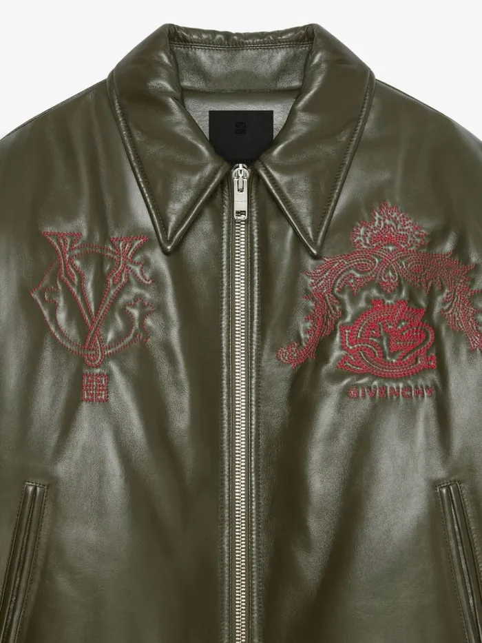 Men Outerwear and Blousons Givenchy GIVENCHY Crest Bomber Jacket In Embroidered Leather Olive Green