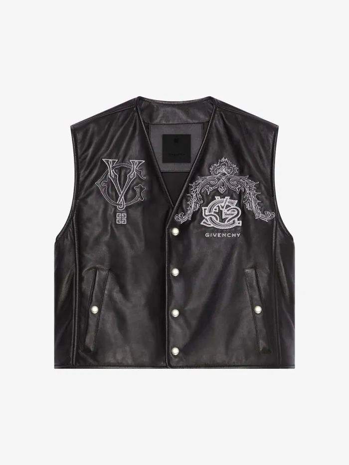 Men Outerwear and Blousons Givenchy GIVENCHY Crest Waistcoat In Embroidered Leather Blackwhite