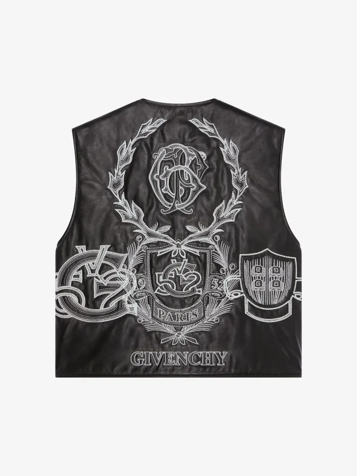 Men Outerwear and Blousons Givenchy GIVENCHY Crest Waistcoat In Embroidered Leather Blackwhite