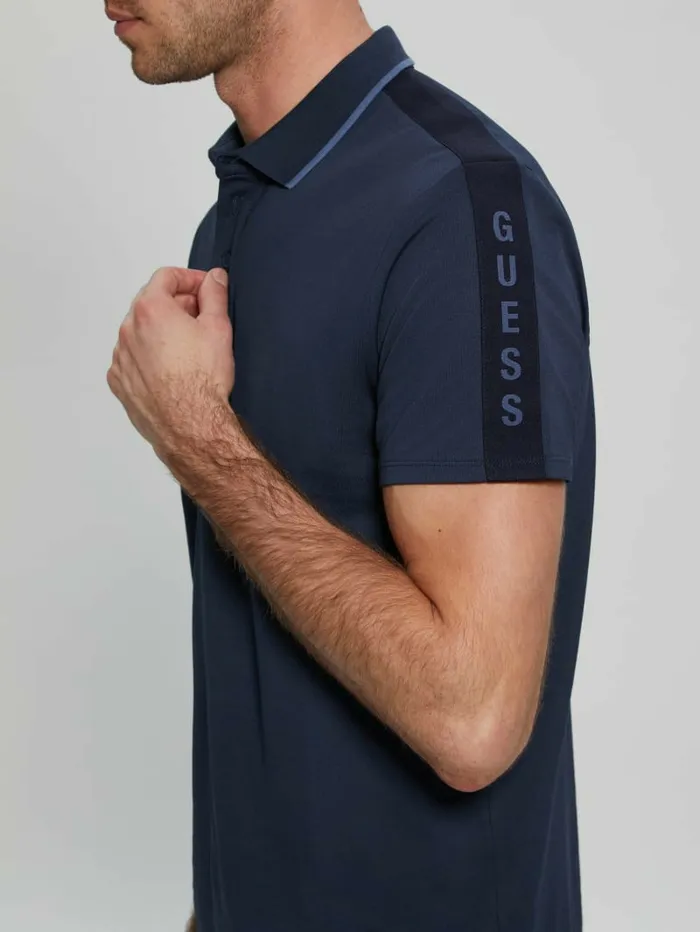 Men Paul Pique Tape Polo Shirt Silk Blue Shirts GUESS