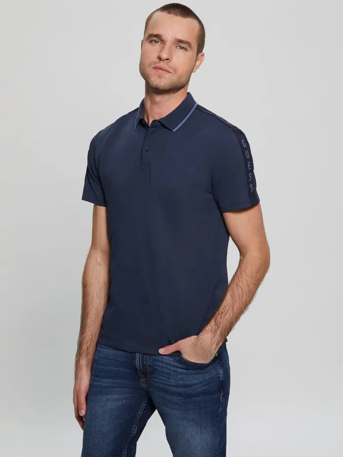 Men Paul Pique Tape Polo Shirt Silk Blue Shirts GUESS Men Paul Pique Tape Polo Shirt Silk Blue Shirts GUESS