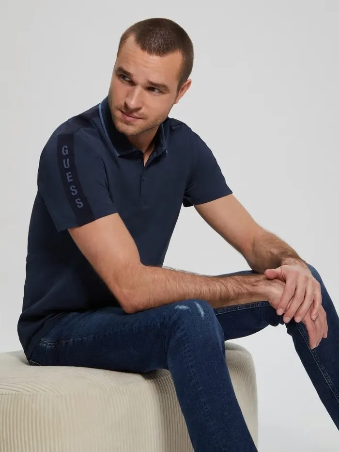 Men Paul Pique Tape Polo Shirt Silk Blue Shirts GUESS Men Paul Pique Tape Polo Shirt Silk Blue Shirts GUESS