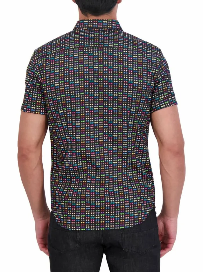 Men Robert Graham Button Down Shirts Spectacle Short Sleeve Button Down Shirt Black