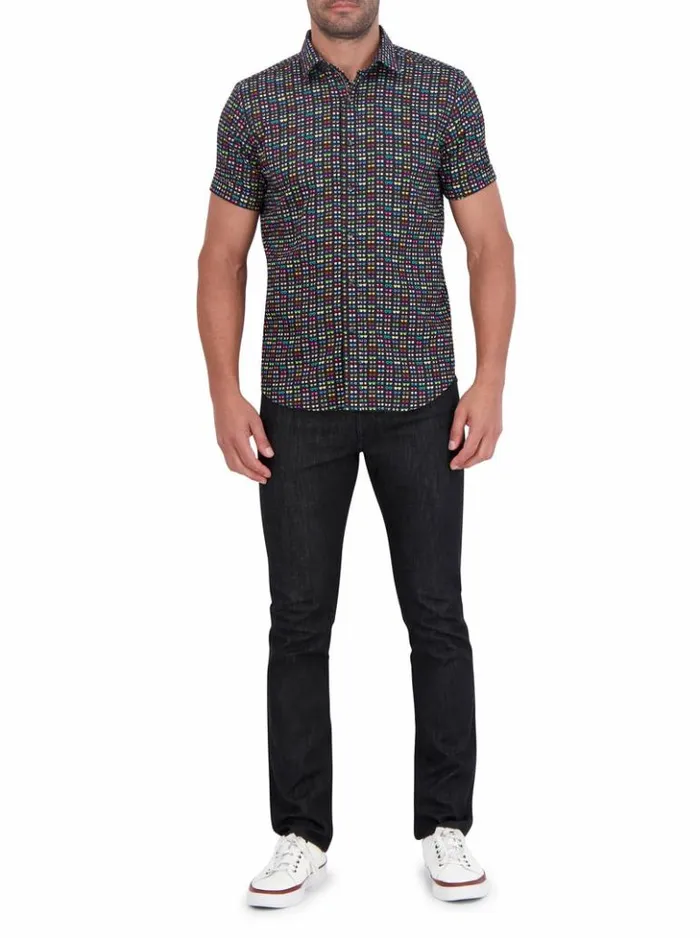 Men Robert Graham Button Down Shirts Spectacle Short Sleeve Button Down Shirt Black