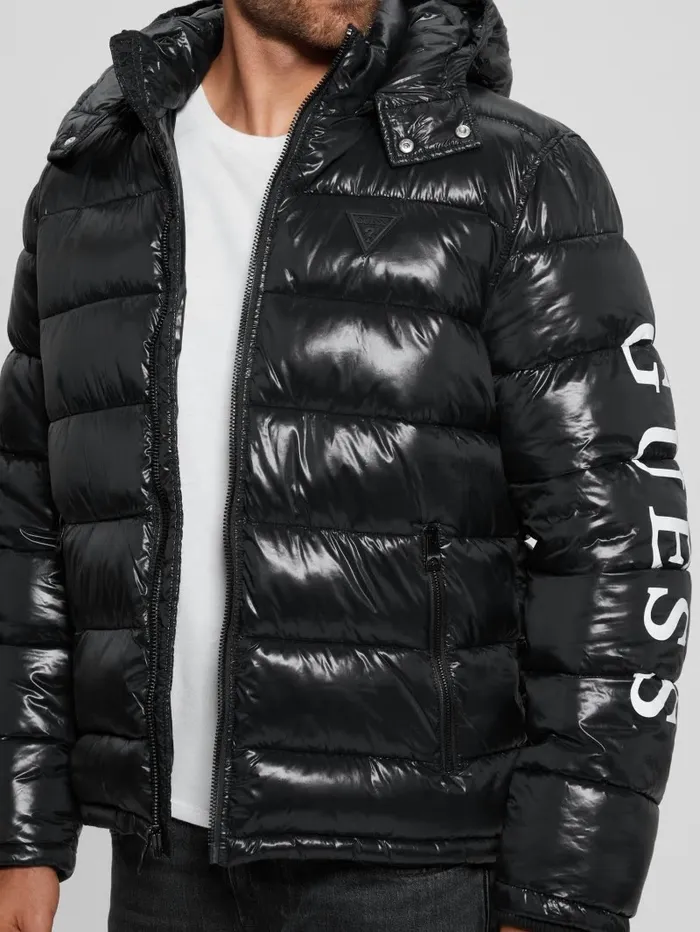 Men Shiny Hooded Puffer Jacket Black Jackets and Coats GUESS