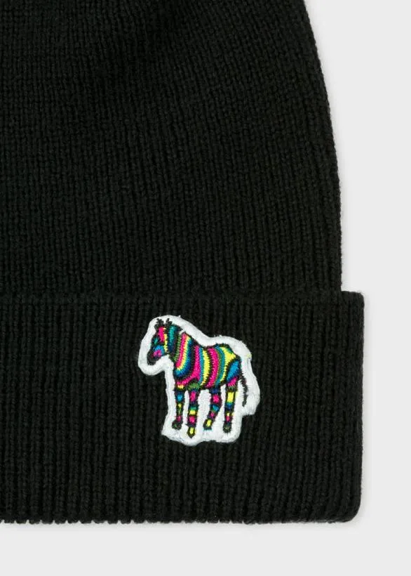 Paul Smith Hats and Gloves 039Zebra039 Logo Ribbed Lambswool Beanie Hat Black 8211 Mens